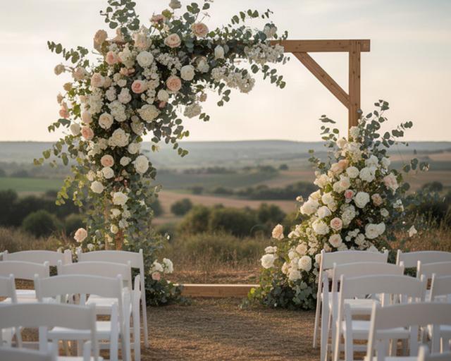 Arco floral asimétrico para ceremonia civil al aire libre con sillas blancas