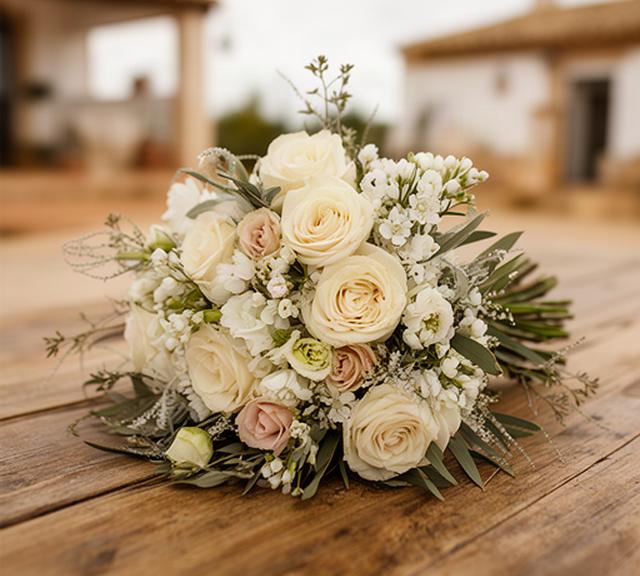 Ramo de novia silvestre con rosas crema y flores blancas sobre una mesa de madera en una finca cordobesa