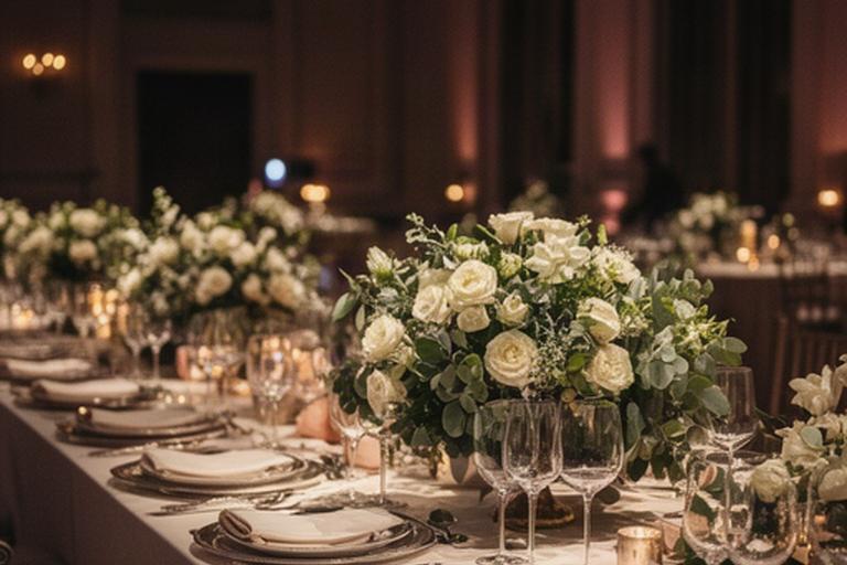 Cena de gala con centros de mesa florales y vajilla preparada para invitados
