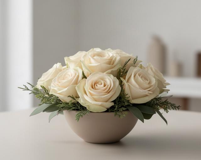 Centro moderno de condolencia con rosas crema en un jarrón bajo de líneas sencillas