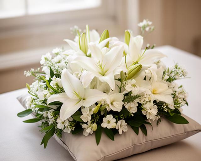 Cojín floral de condolencia con lirios blancos y follaje sobre una base clara