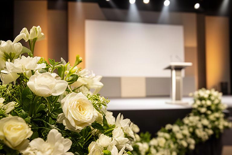 Congreso corporativo en Córdoba con flores blancas junto a un escenario iluminado