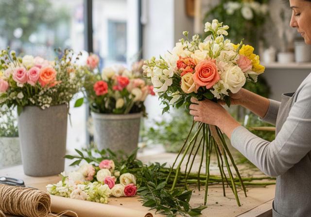Florista preparando un ramo de flores frescas sobre una mesa de trabajo en una tienda luminosa de Puente Genil