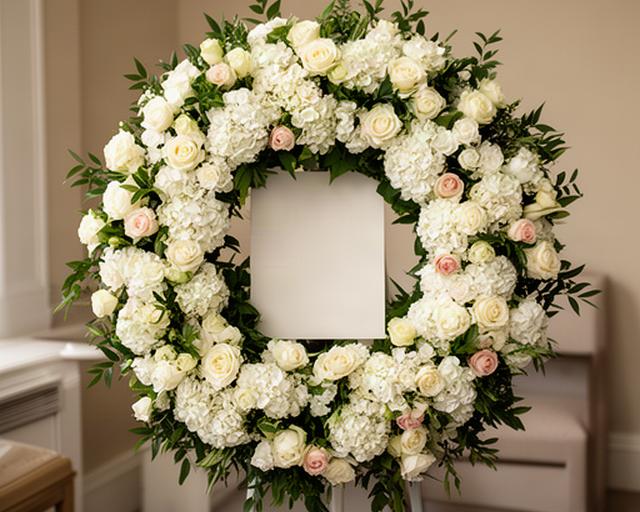 Corona funeraria clásica de flores blancas y verdes colocada en una sala de despedida