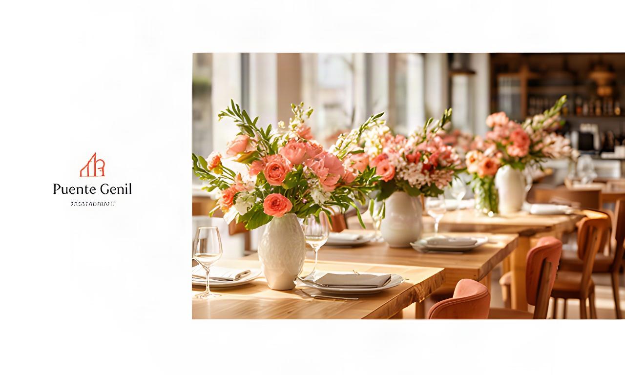 Restaurante luminoso de Puente Genil con centros florales frescos sobre mesas de madera