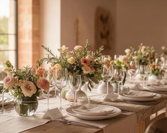 Mesa nupcial con centros florales bajos y vajilla clara en un cortijo cordobés