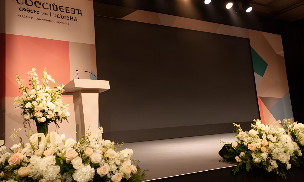 Escenario de congreso en Córdoba con arreglos florales junto al atril y panel corporativo
