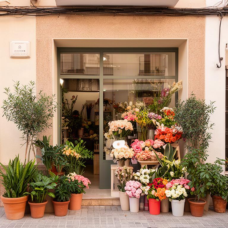 Fachada de la floristería en Camino de la Ribera, Puente Genil, con plantas y arreglos en el escaparate