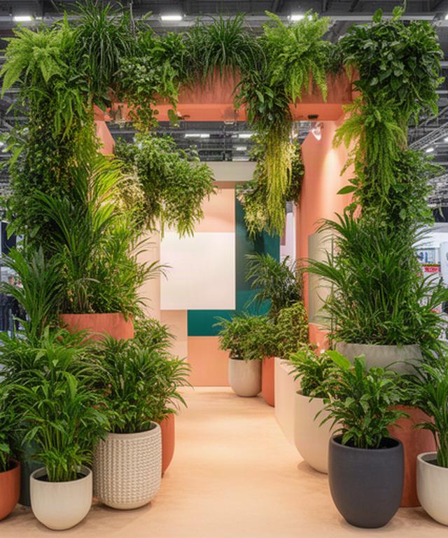Stand de feria profesional rodeado de plantas verdes y macetas decorativas