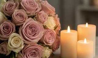 Ramo de rosas rosadas junto a dos velas para celebrar un aniversario