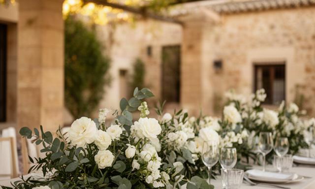 Decoración floral de una boda en una finca cordobesa con flores blancas y follaje verde