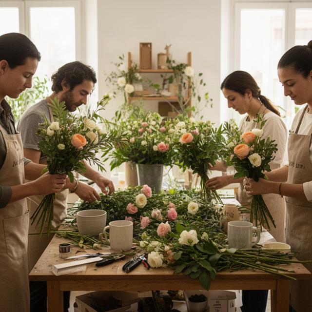 Equipo floral trabajando con ramos y follaje en el taller de Camino de la Ribera