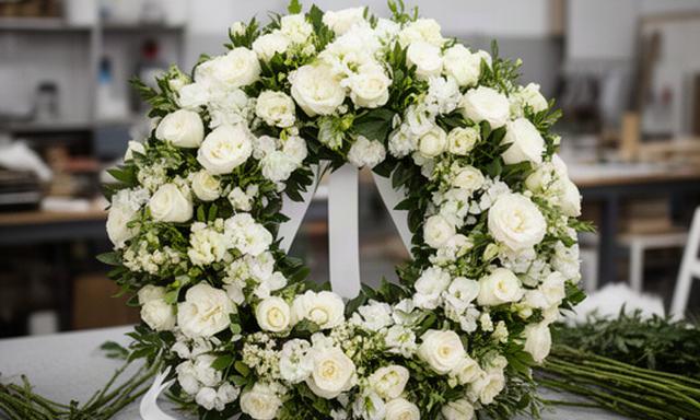 Corona funeraria sobria con flores blancas preparada en un taller floral de Puente Genil