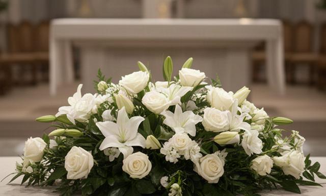 Arreglo clásico de flores blancas preparado para una ceremonia elegante