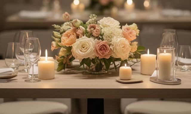 Centro de mesa moderno con flores de temporada y velas en una celebración