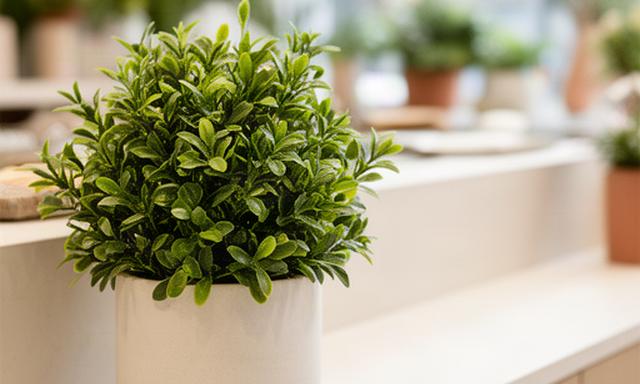 Planta verde decorativa en una maceta cerámica junto a un mostrador de tienda