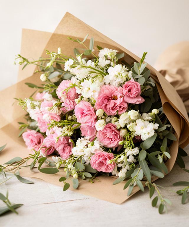 Ramo silvestre con flores rosas y blancas envuelto en papel natural