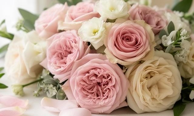 Composición romántica de rosas y flores suaves sobre una mesa clara