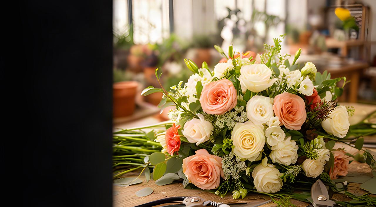 Ramo de flores frescas de temporada sobre una mesa de madera en un taller floral luminoso