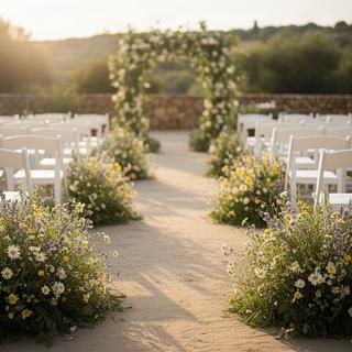 Decoración floral de una ceremonia al aire libre con flores silvestres y sillas blancas