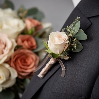 Prendido floral coordinado con un ramo de novia sobre una chaqueta de ceremonia