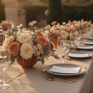 Mesa nupcial decorada con centros florales bajos en tonos crema y terracota