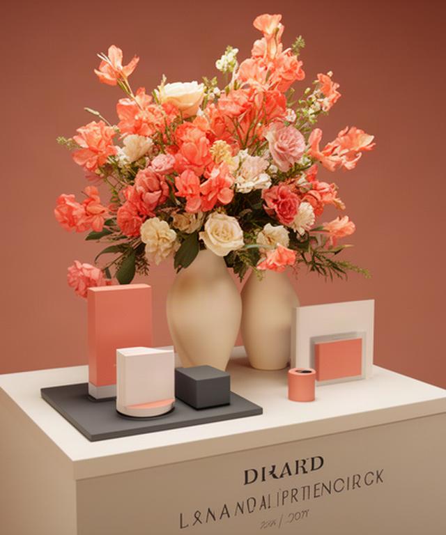 Presentación de producto con composición floral en tonos coral sobre mesa de marca
