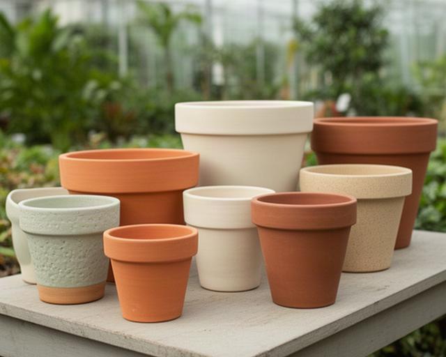 Conjunto de macetas de barro y cerámica decorativa sobre una mesa de vivero