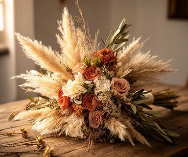 Ramo de novia boho con pampas, flores secas y tonos tierra sobre una mesa de madera