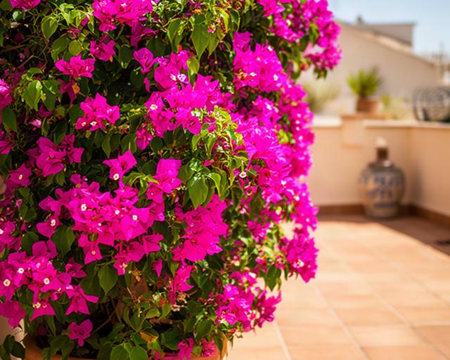Buganvilla de flores fucsias en una terraza soleada con suelo de barro