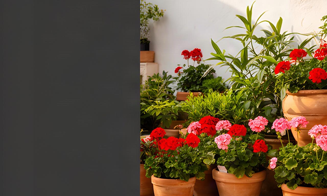Patio andaluz con macetas de barro, geranios y plantas verdes junto a una pared encalada