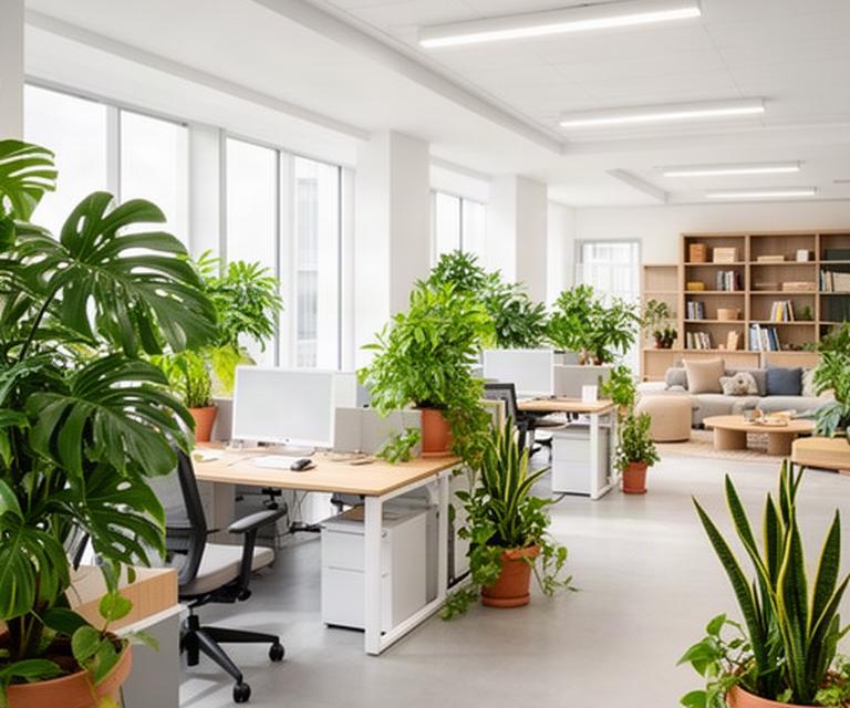 Oficina luminosa con plantas de interior junto a escritorios y una zona común
