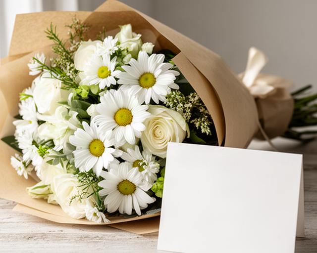 Ramo de despedida con margaritas y rosas blancas envuelto en papel natural junto a una tarjeta