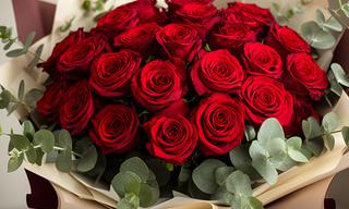 Ramo rojo de rosas y eucalipto preparado para San Valentín