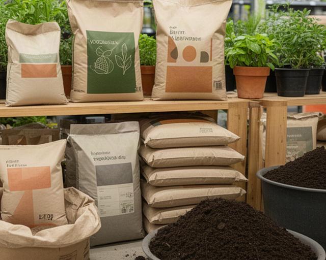 Sacos de tierra vegetal, sustrato y abono ecológico ordenados en una tienda de jardinería